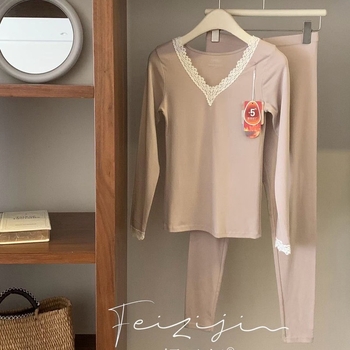 Set de lenjerie termică din bumbac pentru femei, top și pantaloni, croială Slim, decolteu în V, mâneci lungi