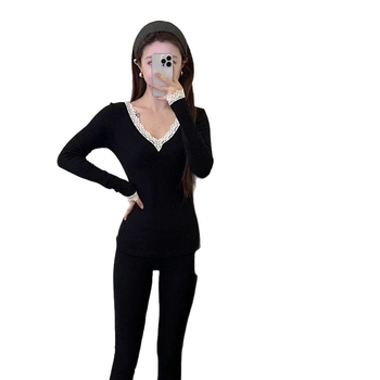 Set de lenjerie termică din bumbac pentru femei, top și pantaloni, croială Slim, decolteu în V, mâneci lungi