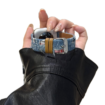 Brățară din denim din piele pentru Apple Watch — compatibilă cu Apple Watch, greutate 16 g, închidere cu pin, lansare 2025.