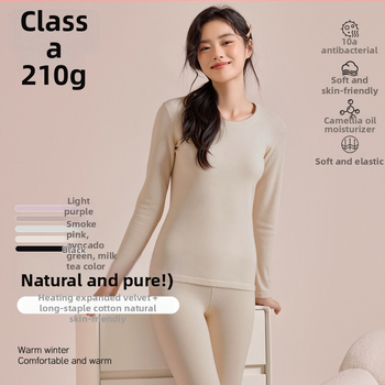 Set termic pentru femei, fibră acrilică, fără cusături, căptușit cu catifea, top și pantaloni, guler rotund, 201–250 g/m², toamnă-iarnă