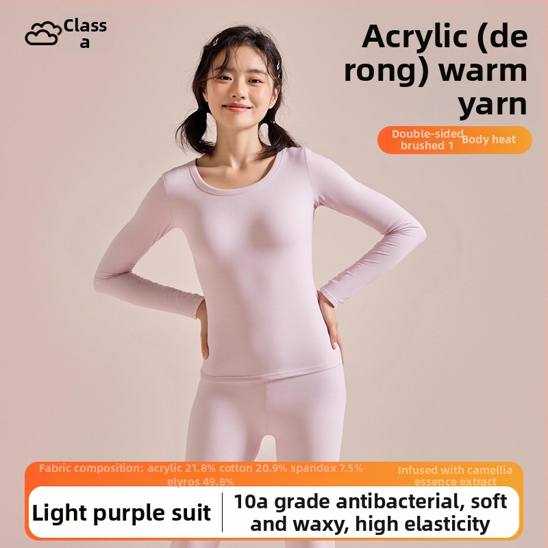 Set termic pentru femei, fibră acrilică, fără cusături, căptușit cu catifea, top și pantaloni, guler rotund, 201–250 g/m², toamnă-iarnă