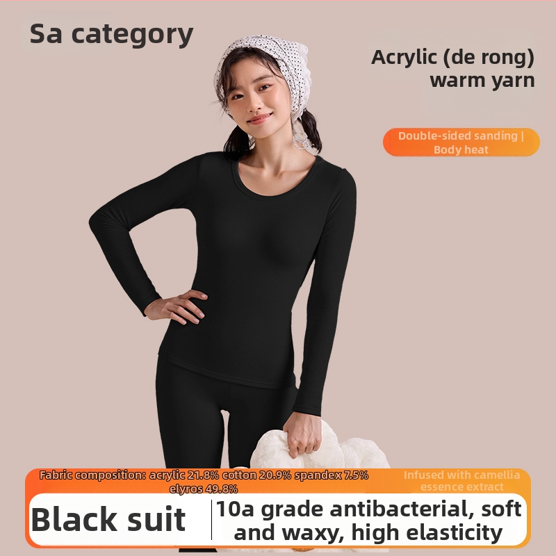 Set termic pentru femei, fibră acrilică, fără cusături, căptușit cu catifea, top și pantaloni, guler rotund, 201–250 g/m², toamnă-iarnă