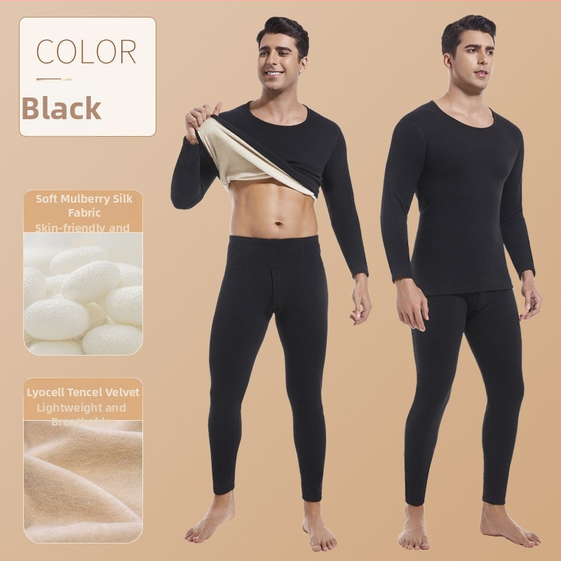 Férfi termoszett, poliészter anyag, velúr bélés, seamless, két darabos, 251–300 g/m², hosszú ujjú, kerek nyakú, alaprétegként viselhető