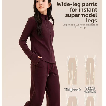 Женски висококачествен комплект за йога — кардиган с яка и дълги ръкави, от полиестерно влакно, панталони с висока талия и прави крачоли, две части