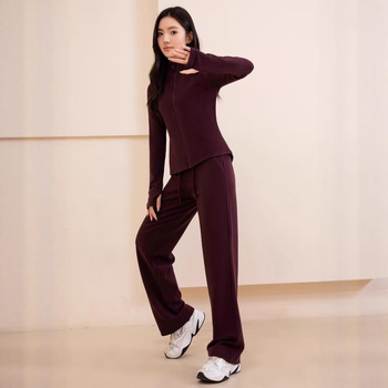 Женски висококачествен комплект за йога — кардиган с яка и дълги ръкави, от полиестерно влакно, панталони с висока талия и прави крачоли, две части