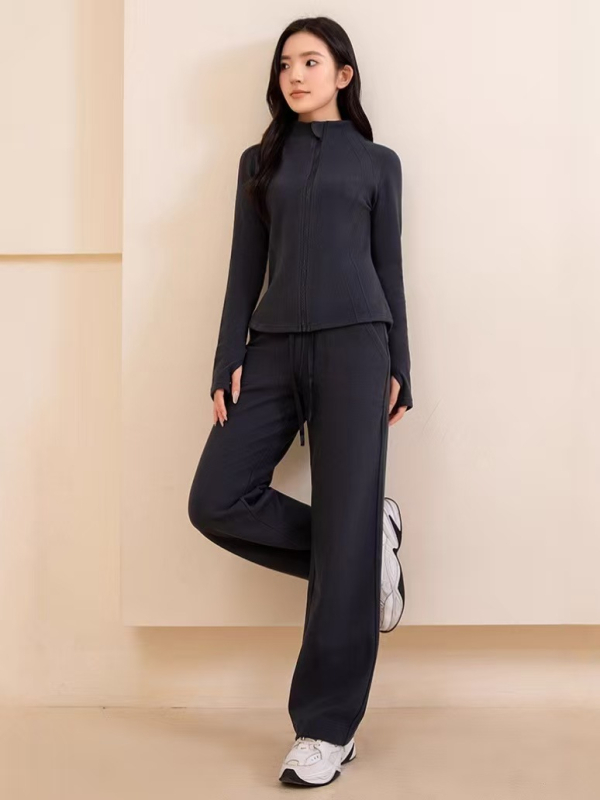 Женски висококачествен комплект за йога — кардиган с яка и дълги ръкави, от полиестерно влакно, панталони с висока талия и прави крачоли, две части