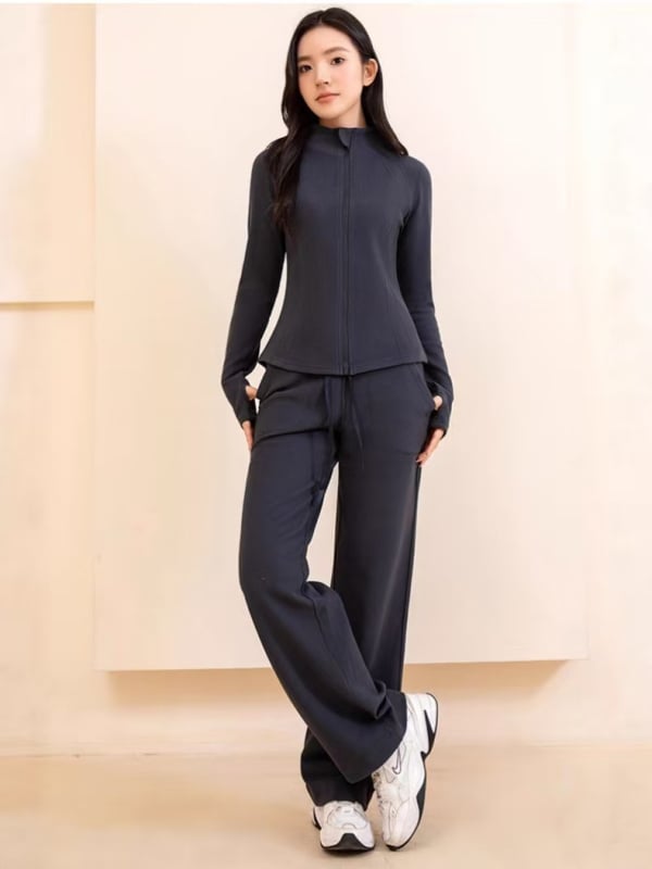Женски висококачествен комплект за йога — кардиган с яка и дълги ръкави, от полиестерно влакно, панталони с висока талия и прави крачоли, две части