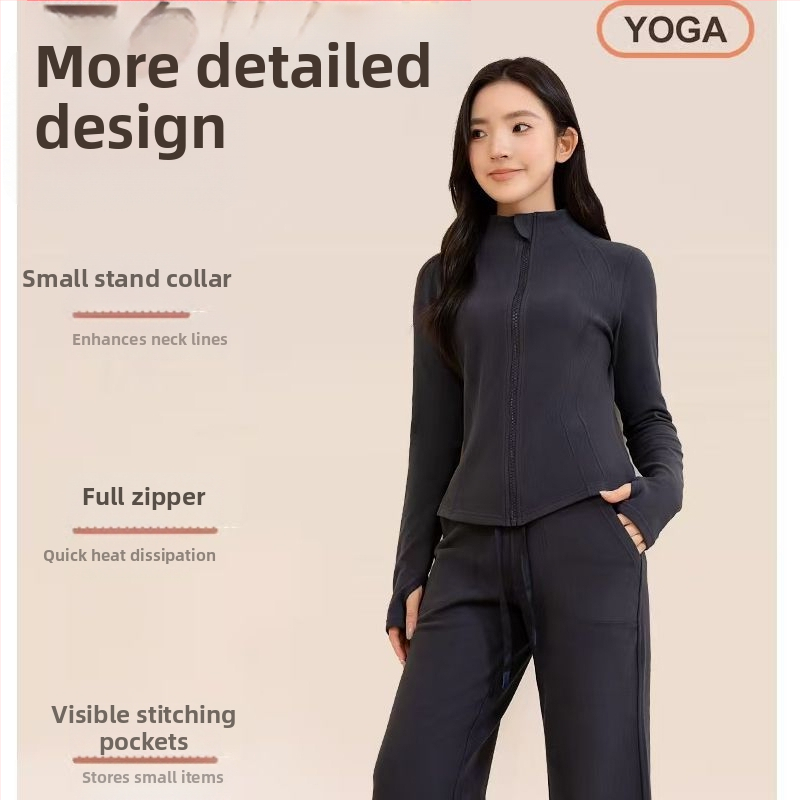 Ženský vysoko kvalitný jogový set — cardigan s stojacim golierom, dlhé rukávy, nohavice s vysokým pásom a rovný strih, dvojdielny set z polyesterových vlákien