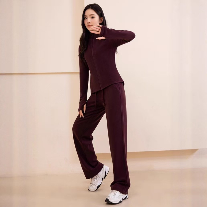 Женски висококачествен комплект за йога — кардиган с яка и дълги ръкави, от полиестерно влакно, панталони с висока талия и прави крачоли, две части