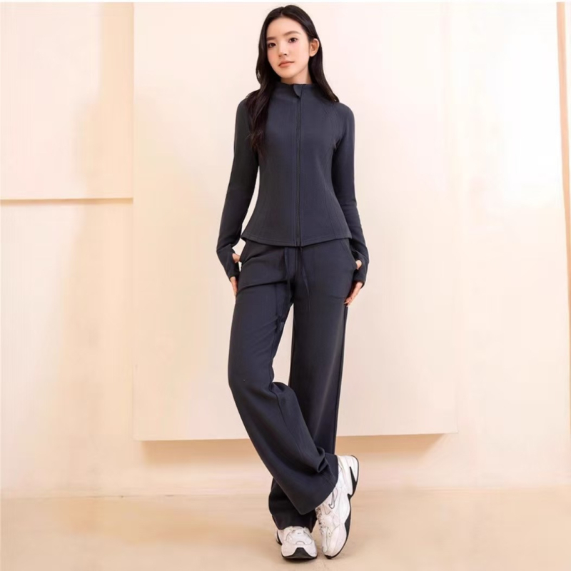 Женски висококачествен комплект за йога — кардиган с яка и дълги ръкави, от полиестерно влакно, панталони с висока талия и прави крачоли, две части