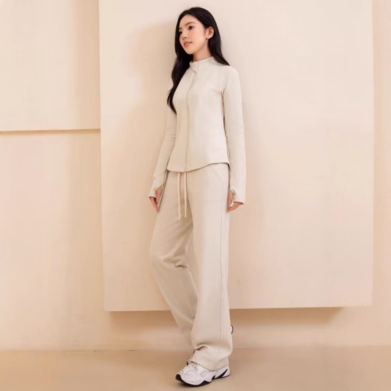 Женски висококачествен комплект за йога — кардиган с яка и дълги ръкави, от полиестерно влакно, панталони с висока талия и прави крачоли, две части