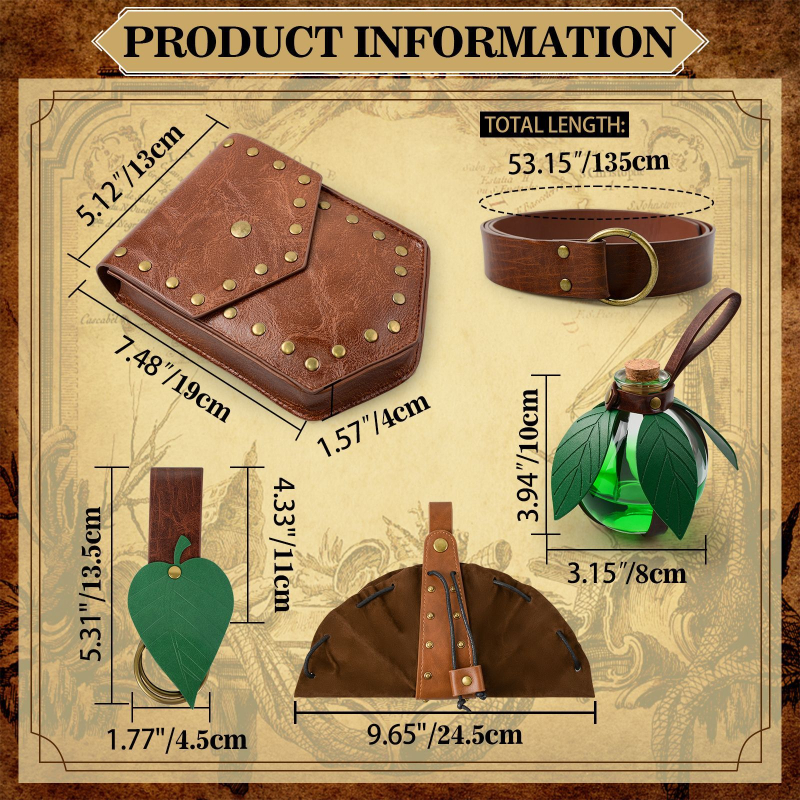 Novi europski srednjovjekovni petodijelni set: remenska torbica, novčanik, PU pojas, steampunk magijska boca, rekvizite za Halloween
