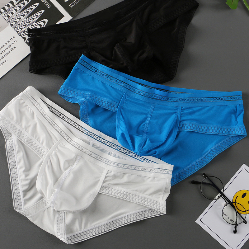 Muške gaćice od ice silk s čipkastim rubom, proziran dizajn, U-oblikovani kontur i prostran prednji džep, boxer briefs, prozračan, europska veličina
