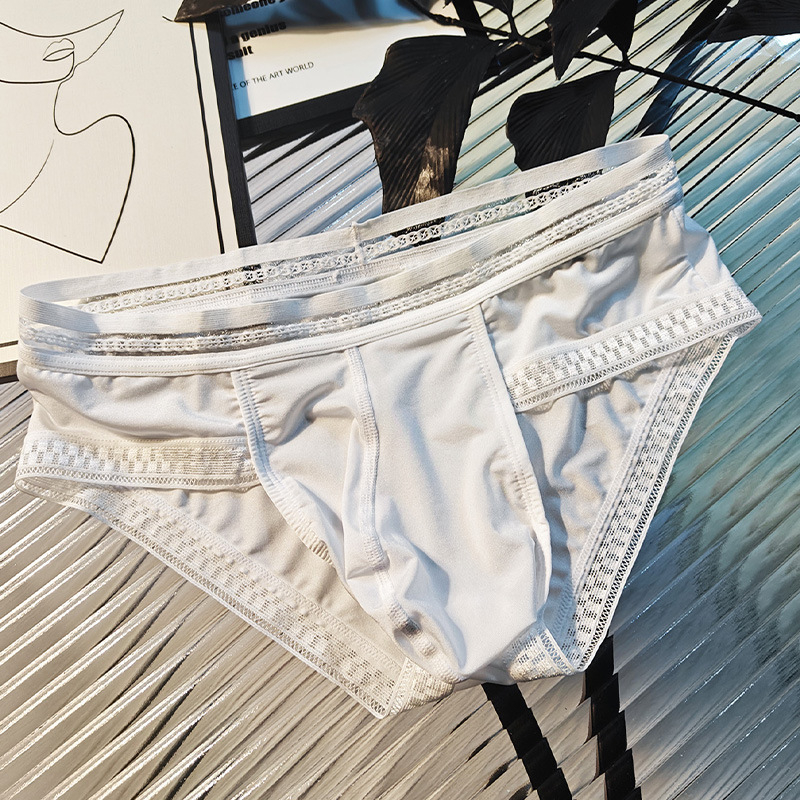Muške gaćice od ice silk s čipkastim rubom, proziran dizajn, U-oblikovani kontur i prostran prednji džep, boxer briefs, prozračan, europska veličina