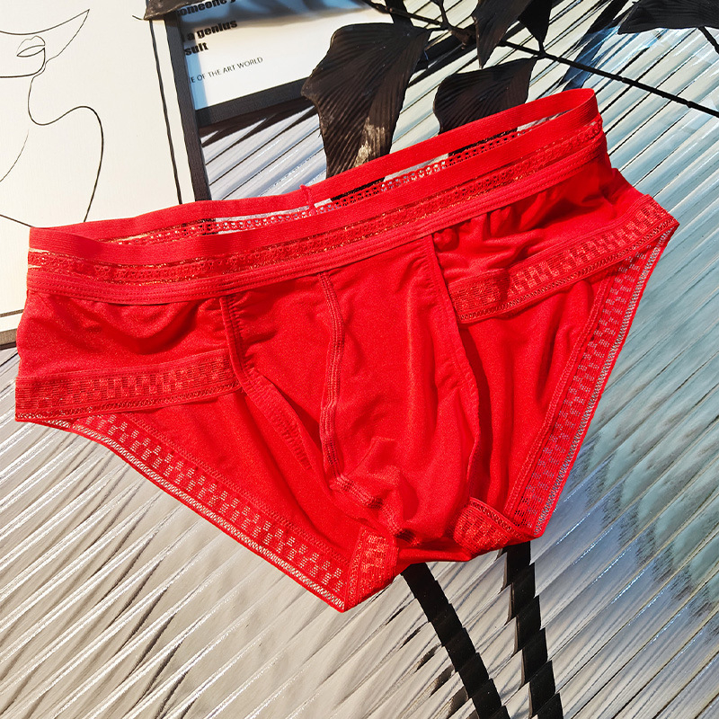 Muške gaćice od ice silk s čipkastim rubom, proziran dizajn, U-oblikovani kontur i prostran prednji džep, boxer briefs, prozračan, europska veličina