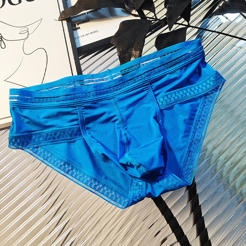 Muške gaćice od ice silk s čipkastim rubom, proziran dizajn, U-oblikovani kontur i prostran prednji džep, boxer briefs, prozračan, europska veličina