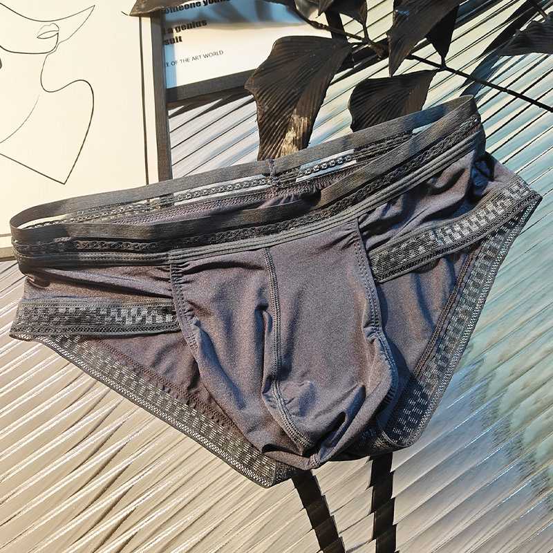 Muške gaćice od ice silk s čipkastim rubom, proziran dizajn, U-oblikovani kontur i prostran prednji džep, boxer briefs, prozračan, europska veličina