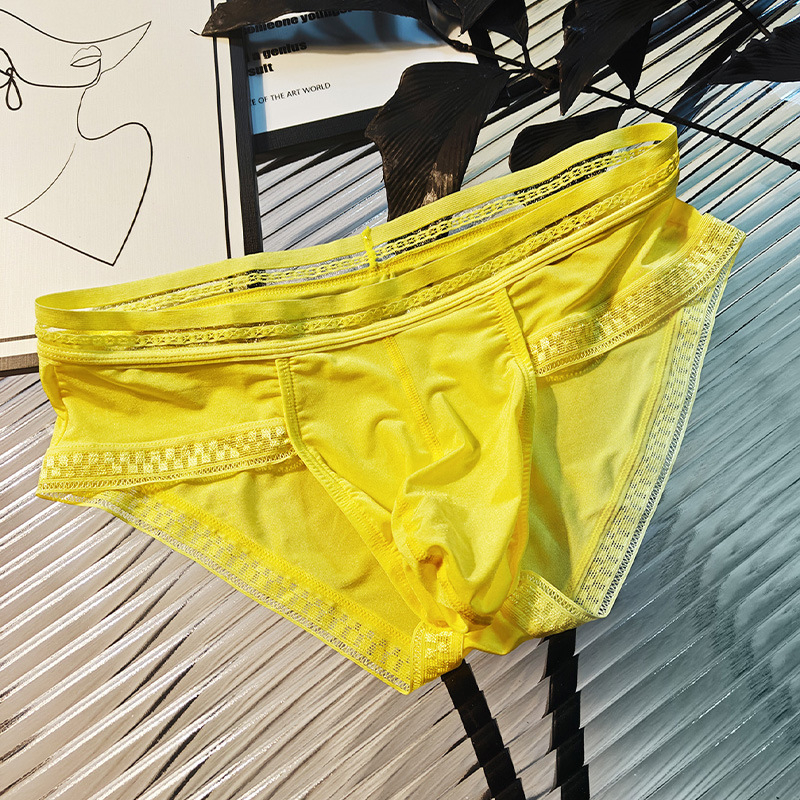 Muške gaćice od ice silk s čipkastim rubom, proziran dizajn, U-oblikovani kontur i prostran prednji džep, boxer briefs, prozračan, europska veličina