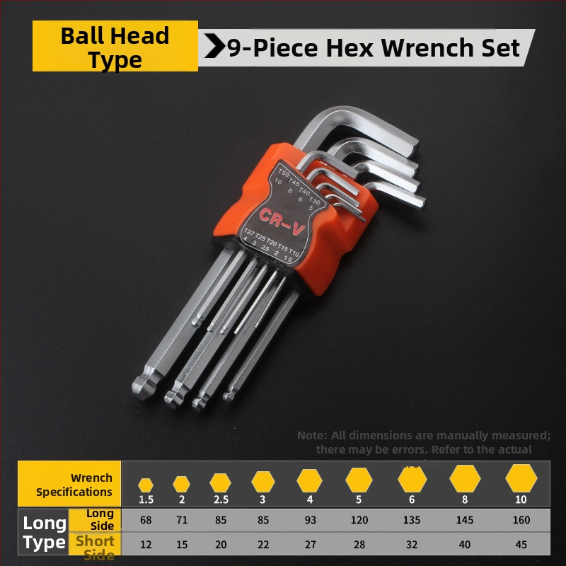 Tianhu 9-dielny set imbusových kľúčov s guľatým koncom, hex otvor, 45# oceľ