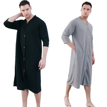 Ανδρική ολόσωμη πιτζάμα με ύφασμα βάφελ, V-λαιμό, 3/4 μανίκια, στυλ kardigan minimalist casual, μεσαίου μήκους, για όλο τον χρόνο ύπνου