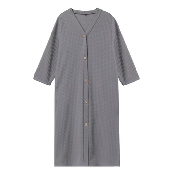 Ανδρική ολόσωμη πιτζάμα με ύφασμα βάφελ, V-λαιμό, 3/4 μανίκια, στυλ kardigan minimalist casual, μεσαίου μήκους, για όλο τον χρόνο ύπνου