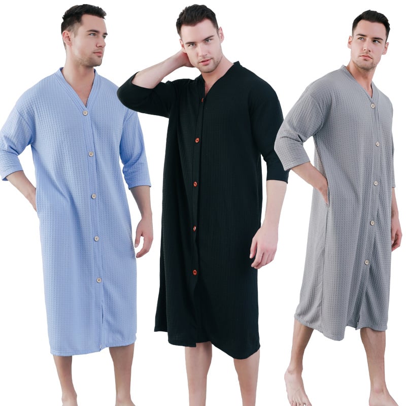 Ανδρική ολόσωμη πιτζάμα με ύφασμα βάφελ, V-λαιμό, 3/4 μανίκια, στυλ kardigan minimalist casual, μεσαίου μήκους, για όλο τον χρόνο ύπνου