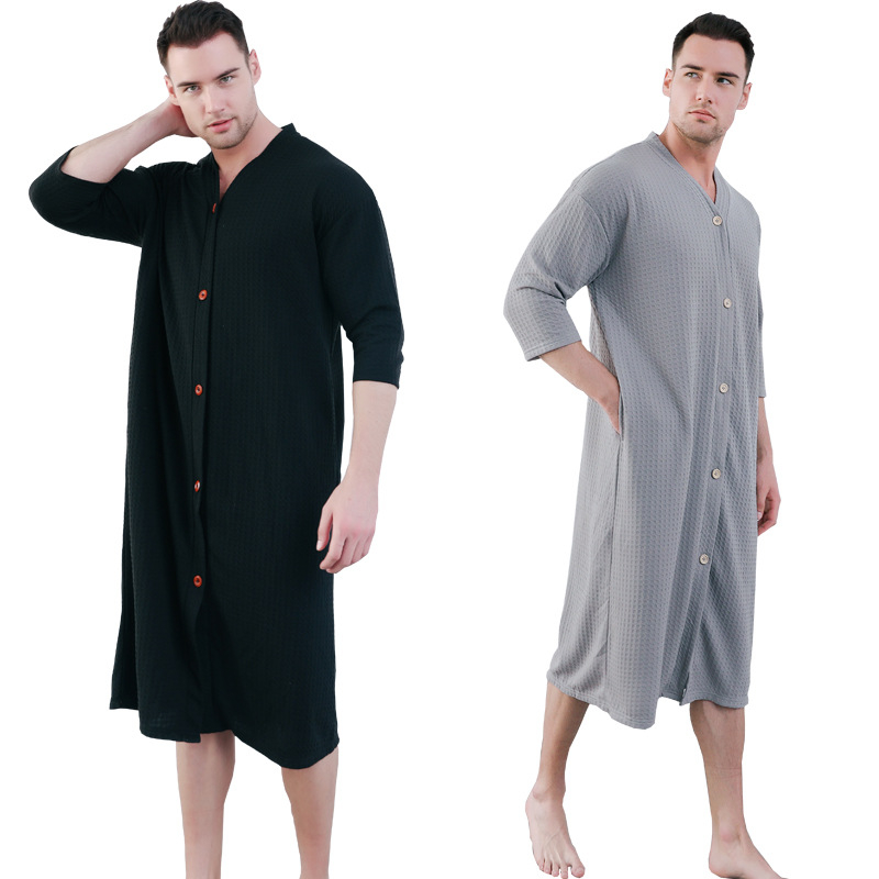 Ανδρική ολόσωμη πιτζάμα με ύφασμα βάφελ, V-λαιμό, 3/4 μανίκια, στυλ kardigan minimalist casual, μεσαίου μήκους, για όλο τον χρόνο ύπνου