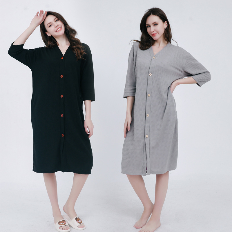 Ανδρική ολόσωμη πιτζάμα με ύφασμα βάφελ, V-λαιμό, 3/4 μανίκια, στυλ kardigan minimalist casual, μεσαίου μήκους, για όλο τον χρόνο ύπνου