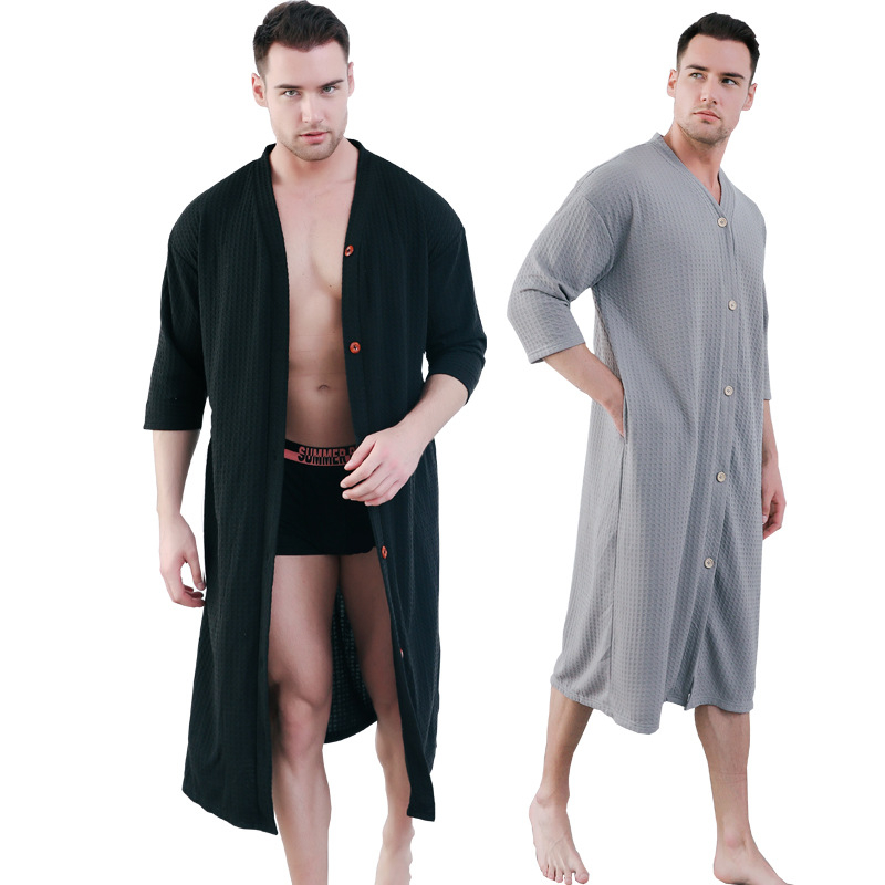 Ανδρική ολόσωμη πιτζάμα με ύφασμα βάφελ, V-λαιμό, 3/4 μανίκια, στυλ kardigan minimalist casual, μεσαίου μήκους, για όλο τον χρόνο ύπνου