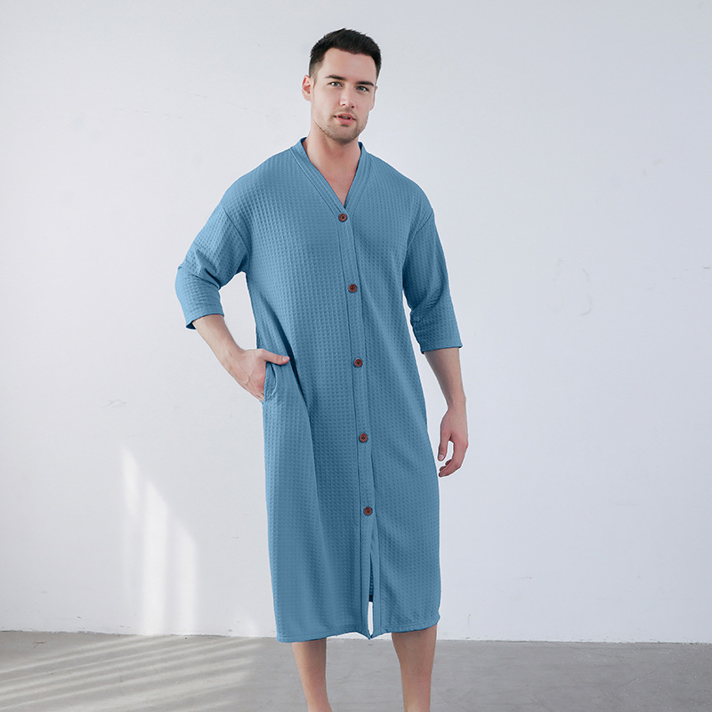Ανδρική ολόσωμη πιτζάμα με ύφασμα βάφελ, V-λαιμό, 3/4 μανίκια, στυλ kardigan minimalist casual, μεσαίου μήκους, για όλο τον χρόνο ύπνου