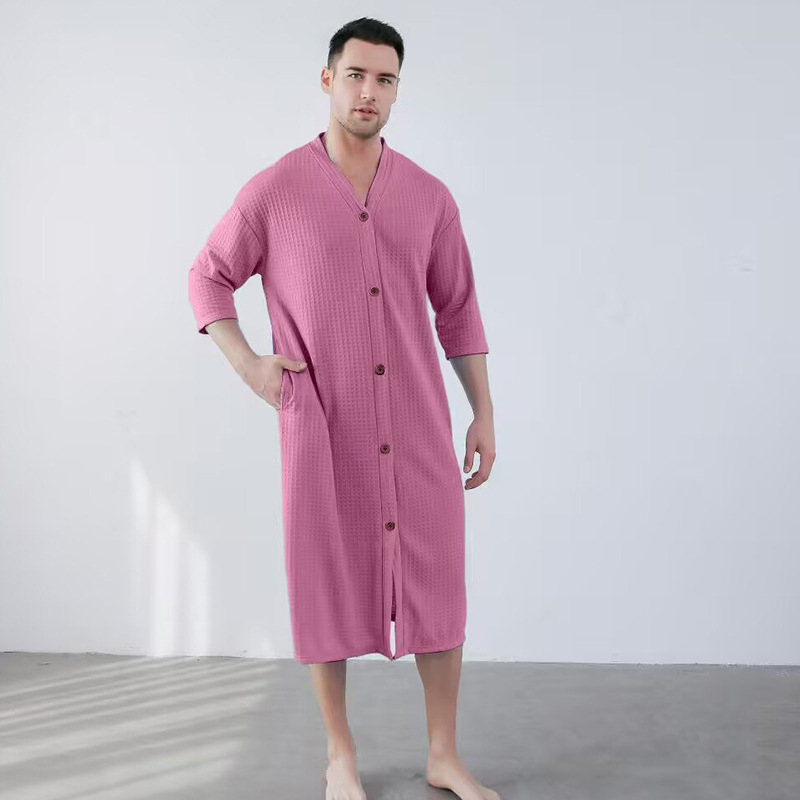 Ανδρική ολόσωμη πιτζάμα με ύφασμα βάφελ, V-λαιμό, 3/4 μανίκια, στυλ kardigan minimalist casual, μεσαίου μήκους, για όλο τον χρόνο ύπνου