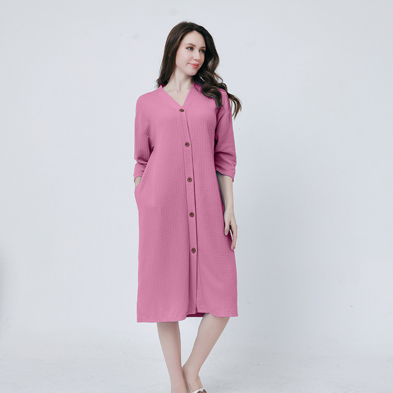 Ανδρική ολόσωμη πιτζάμα με ύφασμα βάφελ, V-λαιμό, 3/4 μανίκια, στυλ kardigan minimalist casual, μεσαίου μήκους, για όλο τον χρόνο ύπνου