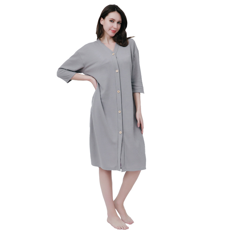 Ανδρική ολόσωμη πιτζάμα με ύφασμα βάφελ, V-λαιμό, 3/4 μανίκια, στυλ kardigan minimalist casual, μεσαίου μήκους, για όλο τον χρόνο ύπνου