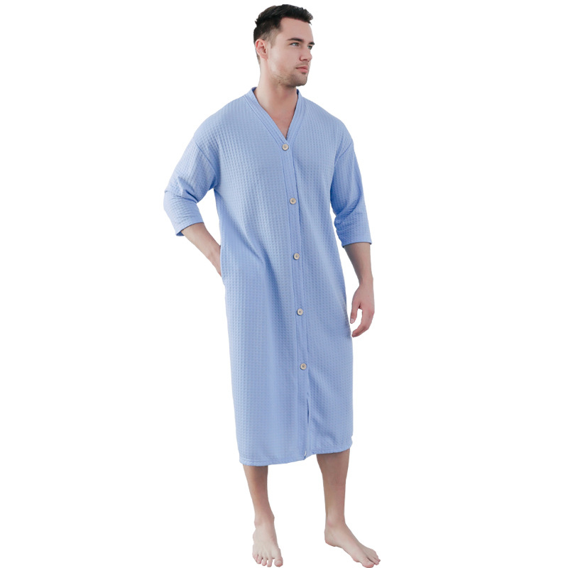 Ανδρική ολόσωμη πιτζάμα με ύφασμα βάφελ, V-λαιμό, 3/4 μανίκια, στυλ kardigan minimalist casual, μεσαίου μήκους, για όλο τον χρόνο ύπνου