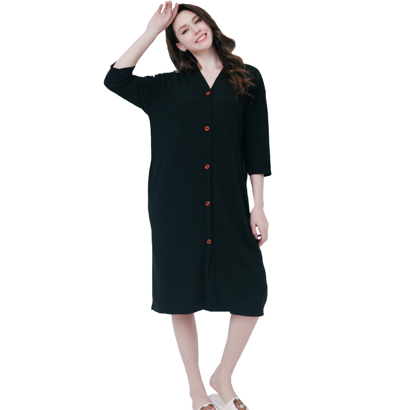 Ανδρική ολόσωμη πιτζάμα με ύφασμα βάφελ, V-λαιμό, 3/4 μανίκια, στυλ kardigan minimalist casual, μεσαίου μήκους, για όλο τον χρόνο ύπνου