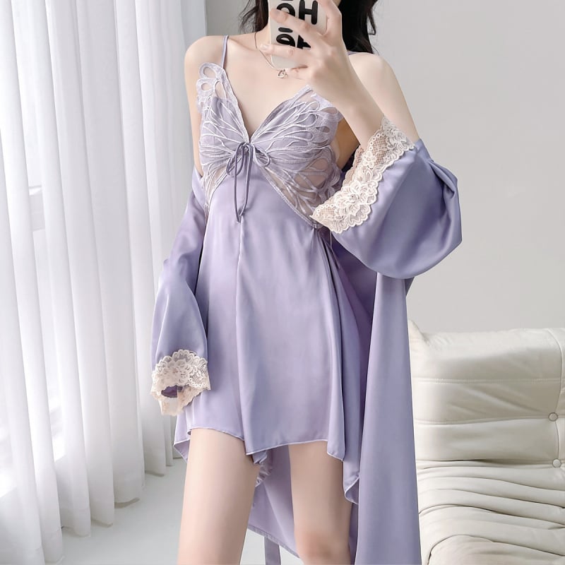 Καλοκαιρινό γυναικείο νυχτικό με ανοιχτή πλάτη και δαντέλα πεταλούδας, σατέν χιφόν, κοντό μήκος, μαξιλάρι στήθους, 80–90% πολυεστέρα