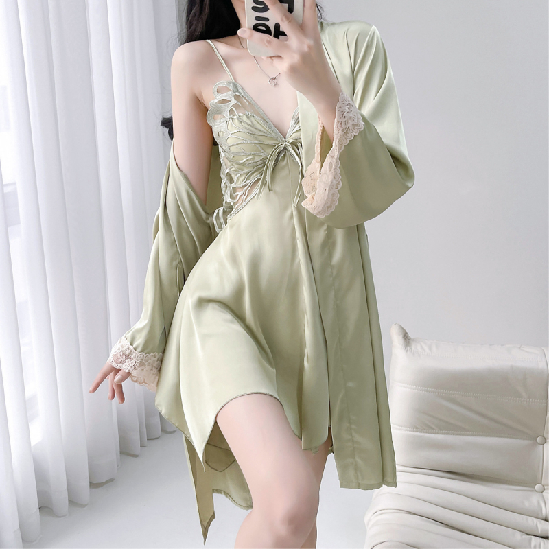 Καλοκαιρινό γυναικείο νυχτικό με ανοιχτή πλάτη και δαντέλα πεταλούδας, σατέν χιφόν, κοντό μήκος, μαξιλάρι στήθους, 80–90% πολυεστέρα