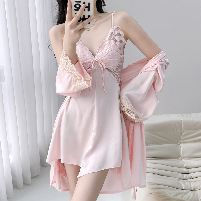 Καλοκαιρινό γυναικείο νυχτικό με ανοιχτή πλάτη και δαντέλα πεταλούδας, σατέν χιφόν, κοντό μήκος, μαξιλάρι στήθους, 80–90% πολυεστέρα