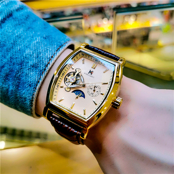 Ceas bărbați cu tourbillon, mecanic automat, formă de butoi, rezistent la apă 3ATM, curea din piele naturală, mișcare 5002