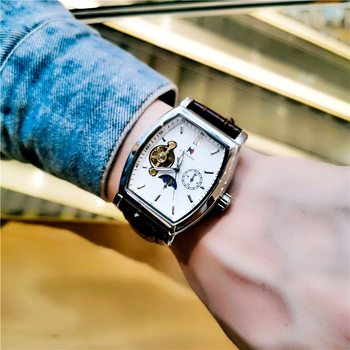 Ceas bărbați cu tourbillon, mecanic automat, formă de butoi, rezistent la apă 3ATM, curea din piele naturală, mișcare 5002