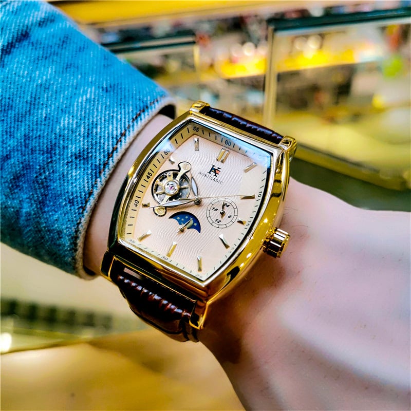 Ceas bărbați cu tourbillon, mecanic automat, formă de butoi, rezistent la apă 3ATM, curea din piele naturală, mișcare 5002