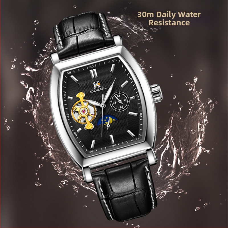 Ceas bărbați cu tourbillon, mecanic automat, formă de butoi, rezistent la apă 3ATM, curea din piele naturală, mișcare 5002