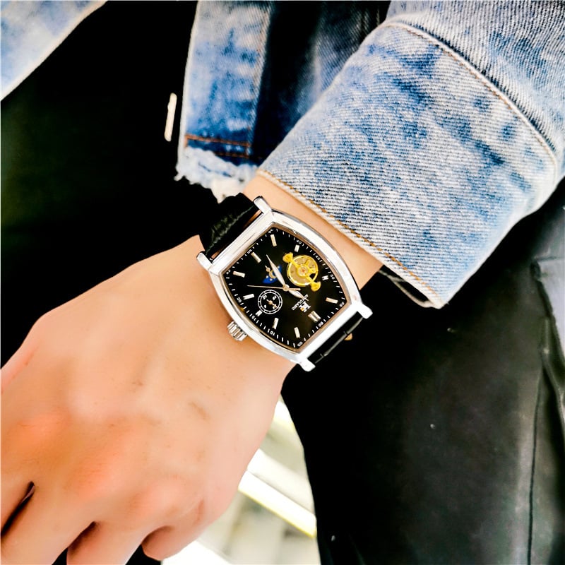 Ceas bărbați cu tourbillon, mecanic automat, formă de butoi, rezistent la apă 3ATM, curea din piele naturală, mișcare 5002