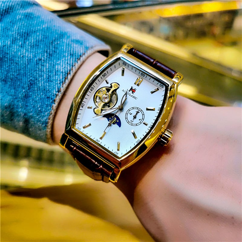 Ceas bărbați cu tourbillon, mecanic automat, formă de butoi, rezistent la apă 3ATM, curea din piele naturală, mișcare 5002