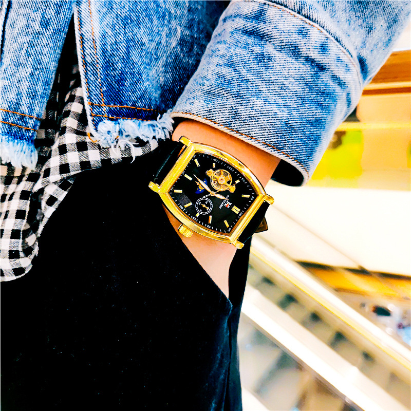 Ceas bărbați cu tourbillon, mecanic automat, formă de butoi, rezistent la apă 3ATM, curea din piele naturală, mișcare 5002