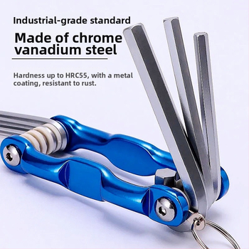 Hordozható összecsukható hatszögletű imbuszkulcs-készlet hatszögfejjel; króm-vanádium acél, fényes krómozott felület, 1,5–6 mm, metrikus/imperiális szabvány, tömeg 300 g