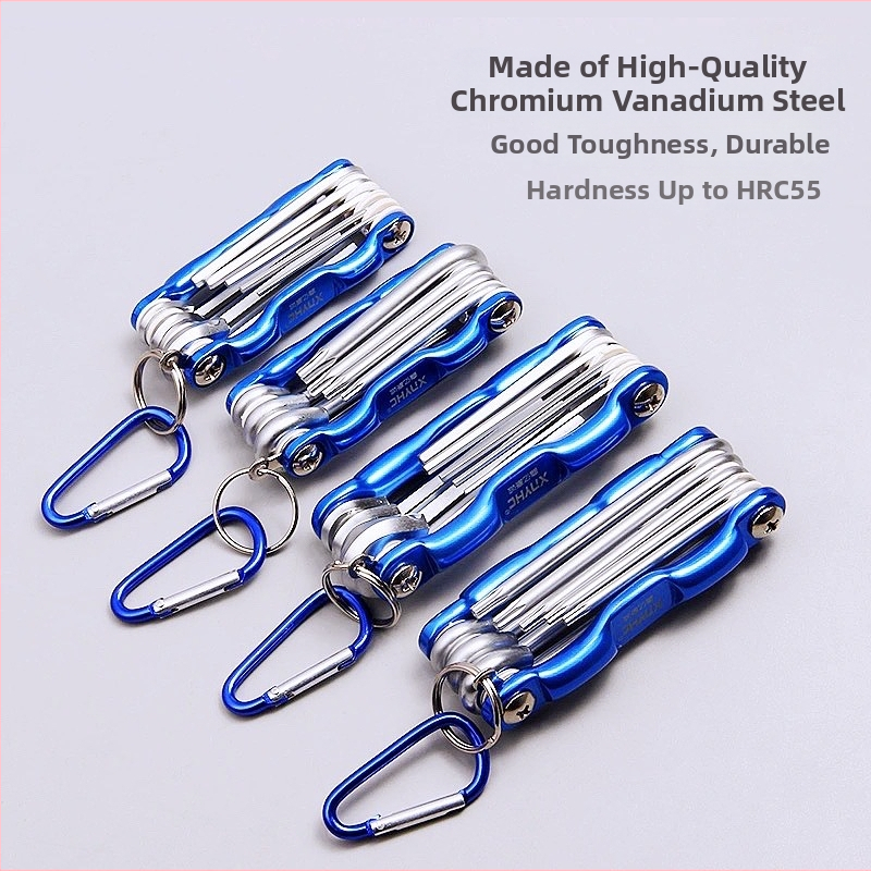 Hordozható összecsukható hatszögletű imbuszkulcs-készlet hatszögfejjel; króm-vanádium acél, fényes krómozott felület, 1,5–6 mm, metrikus/imperiális szabvány, tömeg 300 g