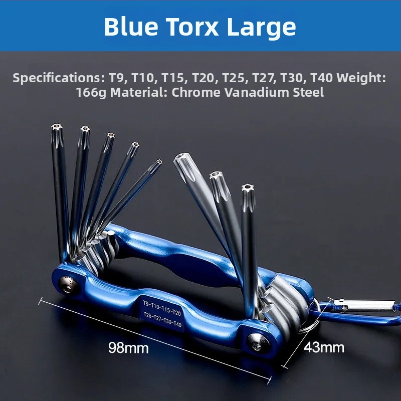 Hordozható összecsukható hatszögletű imbuszkulcs-készlet hatszögfejjel; króm-vanádium acél, fényes krómozott felület, 1,5–6 mm, metrikus/imperiális szabvány, tömeg 300 g