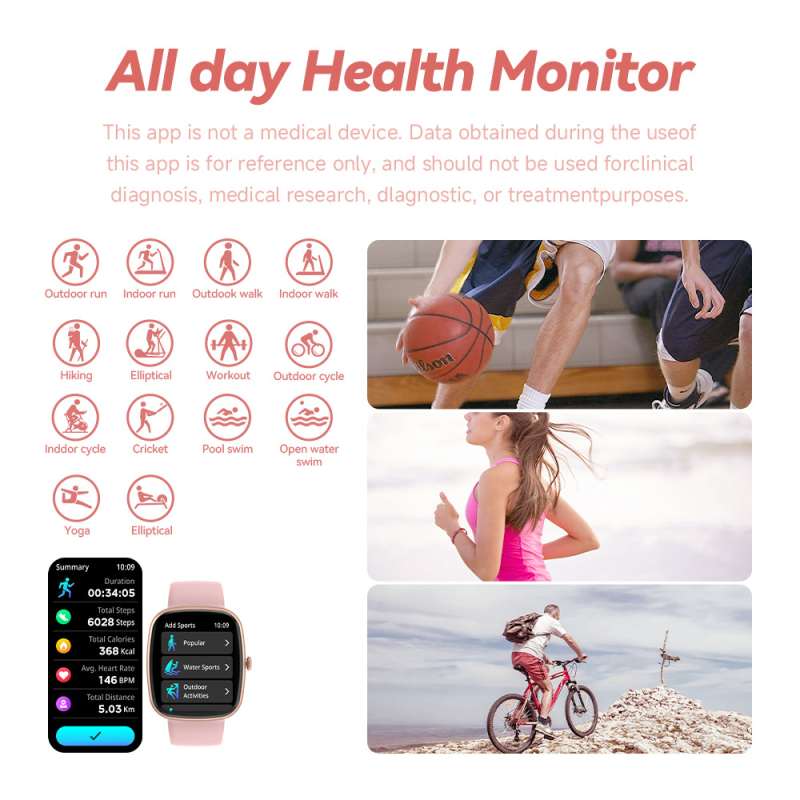 Smartwatch pentru activități în aer liber cu apeluri Bluetooth, monitorizarea ritmului cardiac, măsurarea tensiunii arteriale și a oxigenului din sânge, încărcare magnetică
