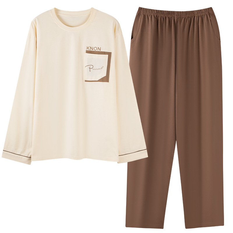 Pijamale pentru bărbați – set, din bumbac pur, mâneci lungi, guler rotund, stil ușor sportiv; grosime medie 161–180 g/m², respirante, confortabile, potrivite pentru purtare în exterior